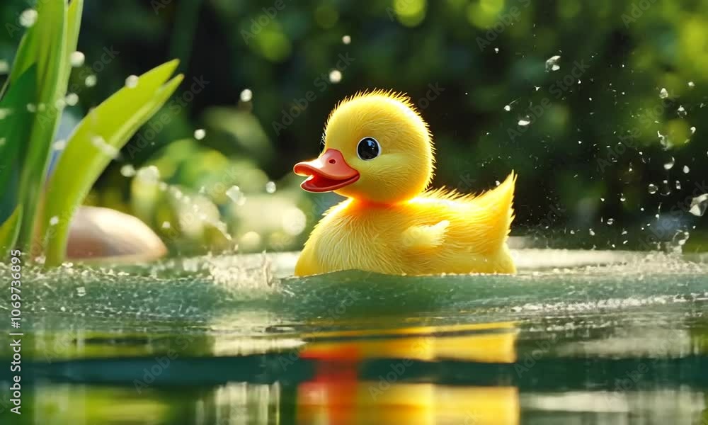 A Cute Yellow Duckling Splashing in a Pond A Cute Yellow Duckling Splashing in a Pond