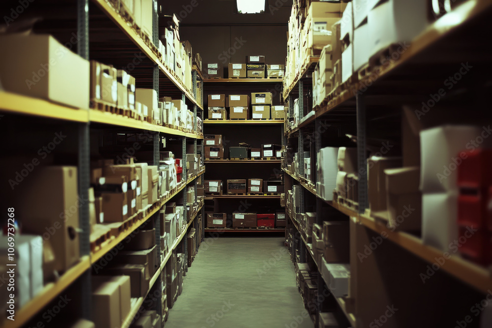 well organized warehouse aisle with shelves full of boxes well organized warehouse aisle with shelves full of boxes