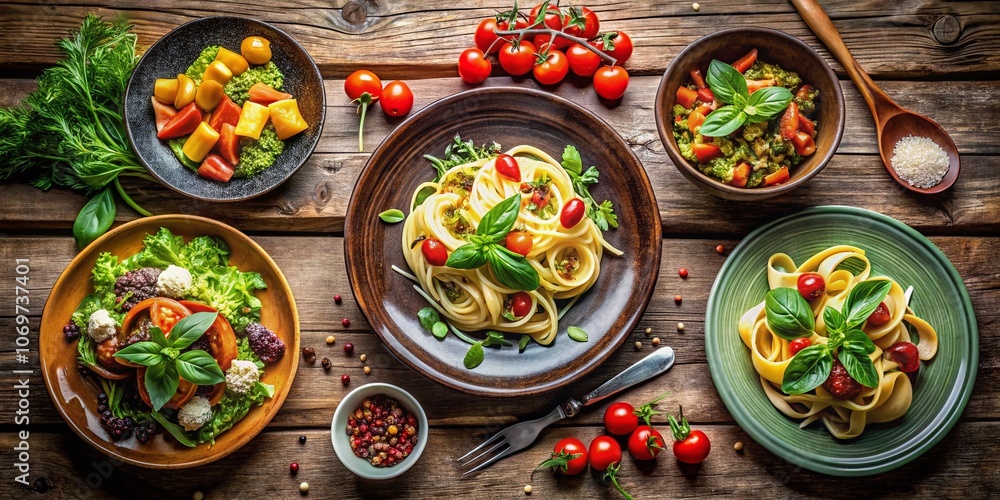 Delicious Trio of Colorful Dishes on a Rustic Wooden Table: Vibrant Salad, Savory Pasta, and Delectable Dessert Perfect for Food Photography Lovers Delicious Trio of Colorful Dishes on a Rustic Wooden Table: Vibrant Salad, Savory Pasta, and Delectable Dessert Perfect for Food Photography Lovers