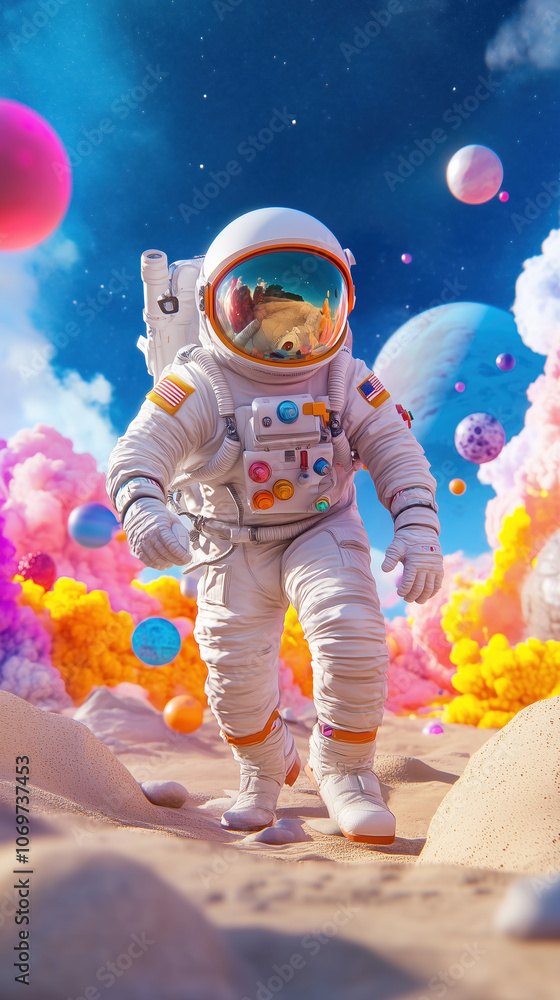 Space Explorer on an Alien Planet Surrounded by Colorful Gas Clouds and Distant Planets, Intricate Spacesuit Features in a Sci-Fi Landscape Space Explorer on an Alien Planet Surrounded by Colorful Gas Clouds and Distant Planets, Intricate Spacesuit Features in a Sci-Fi Landscape