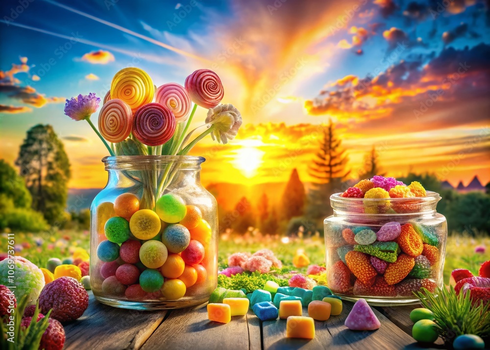 Delightful Double Exposure Photography of Assorted Candies Blending with Whimsical Landscapes for a Sweet Visual Experience Delightful Double Exposure Photography of Assorted Candies Blending with Whimsical Landscapes for a Sweet Visual Experience