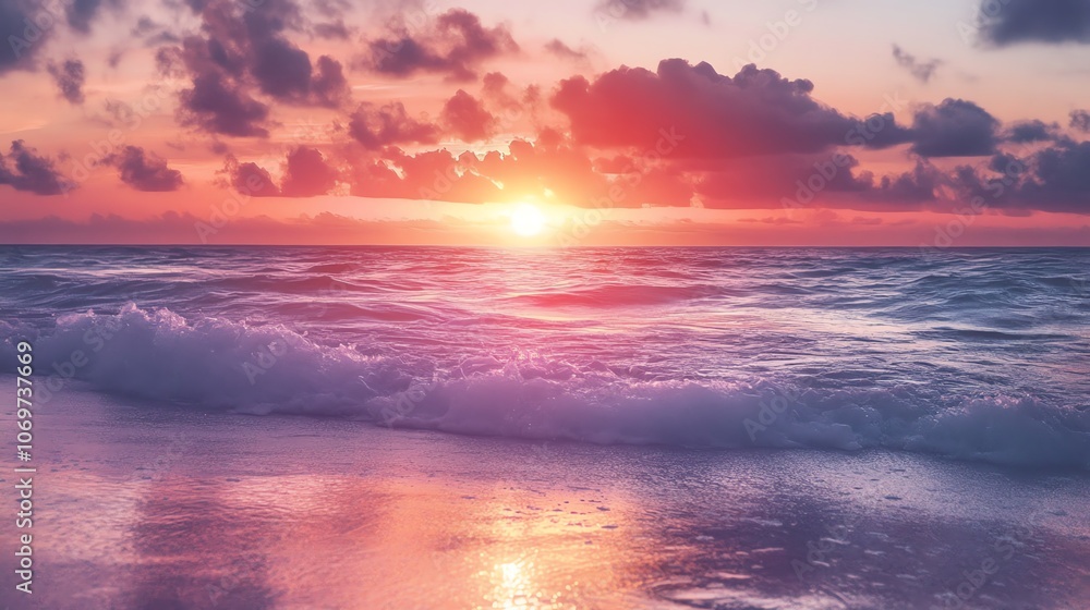 Fototapeta premium Serene seascape at sunset with vibrant colors and gentle waves.