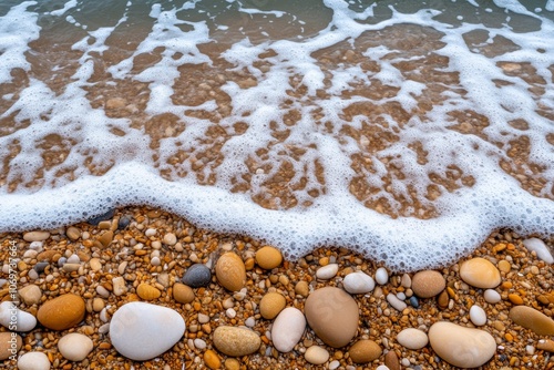 Realistic rocky beach background with smooth stones and gentle waves washing over them