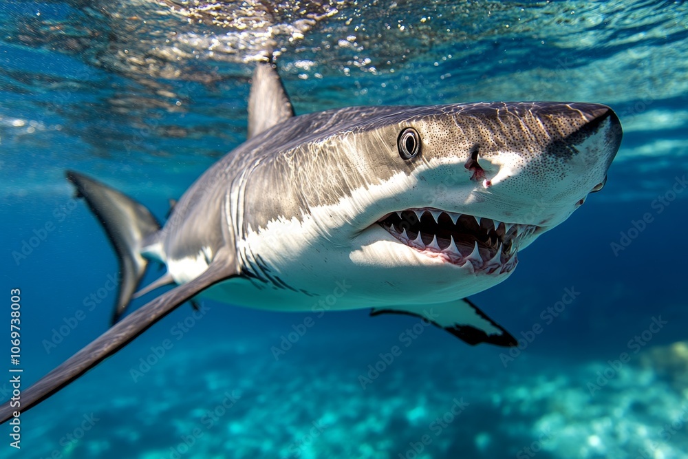Realistic underwater scene of a shark gliding through blue water, with a streamlined shape and intense focus