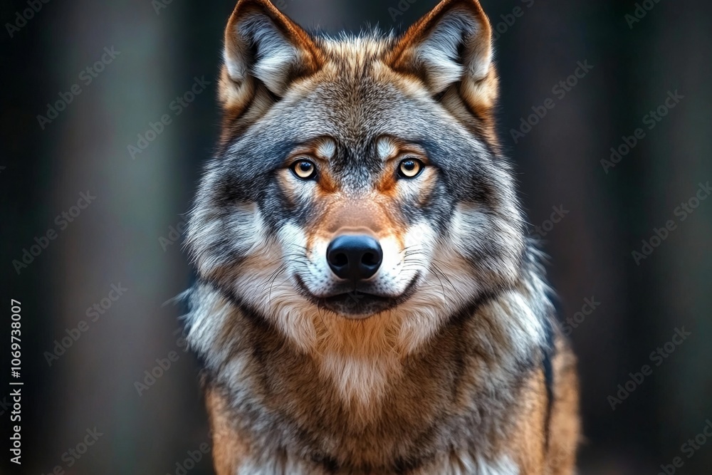 Realistic view of a wolf in the forest, with intricate fur details and focused, alert eyes Realistic view of a wolf in the forest, with intricate fur details and focused, alert eyes