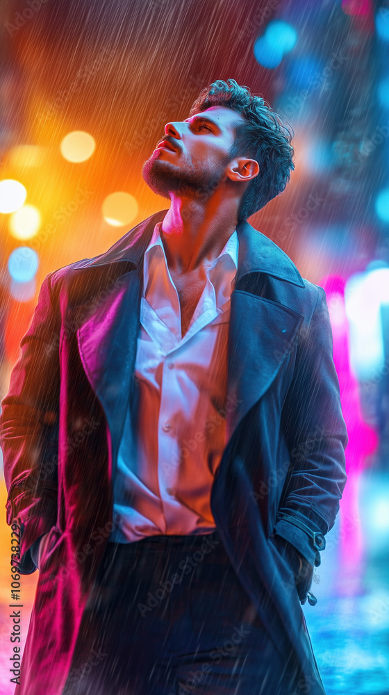 Intense Cyberpunk Detective Walking Down Neon-Lit Wet Street at Night, Deep Gaze Reflects the Vibe of a Dystopian Future Intense Cyberpunk Detective Walking Down Neon-Lit Wet Street at Night, Deep Gaze Reflects the Vibe of a Dystopian Future