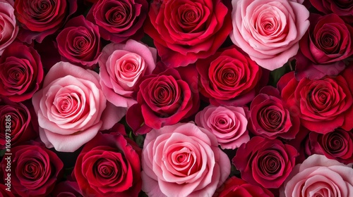 Pink and crimson rosesBeautiful floral holiday backgroundorganic cosmetic conceptTop view soft focus photo