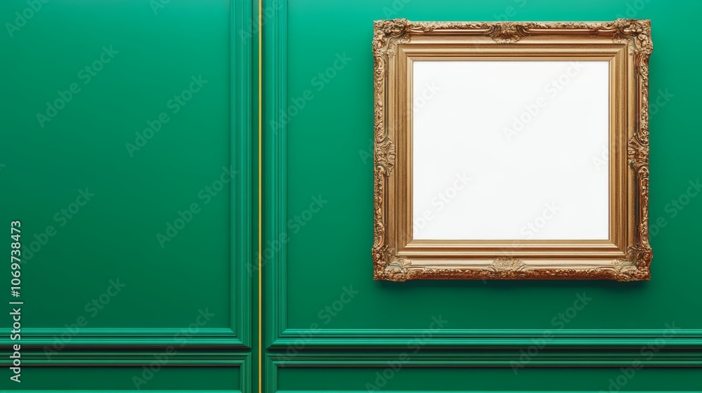 Fototapeta premium Antique art fair gallery frame on royal green wall at auction house or museum exhibition blank template with empty white copyspace for mockup design artwork concept