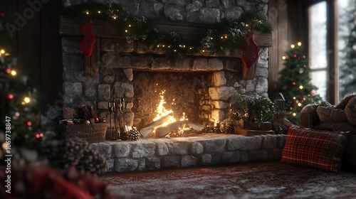 Cozy Fireplace with Christmas Decorations in a Rustic Cabin