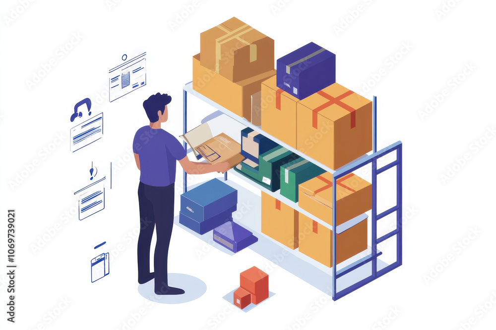 Man organizing packages on shelf in warehouse Man organizing packages on shelf in warehouse