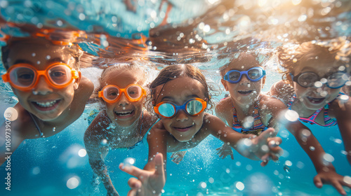Group of happy children swimming underwater with colorful goggles, smiling and playing in bright summer pool