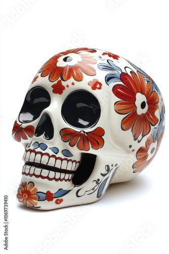 vibrant decorated sugar skull adorned with colorful flowers, showcasing traditional Mexican art. intricate floral patterns and bold colors create festive and cultural expression