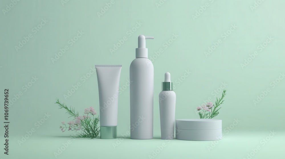 Showcase your brand with a minimalist cosmetic mockup featuring various skincare products in a fresh and modern low-resolution design Showcase your brand with a minimalist cosmetic mockup featuring various skincare products in a fresh and modern low-resolution design