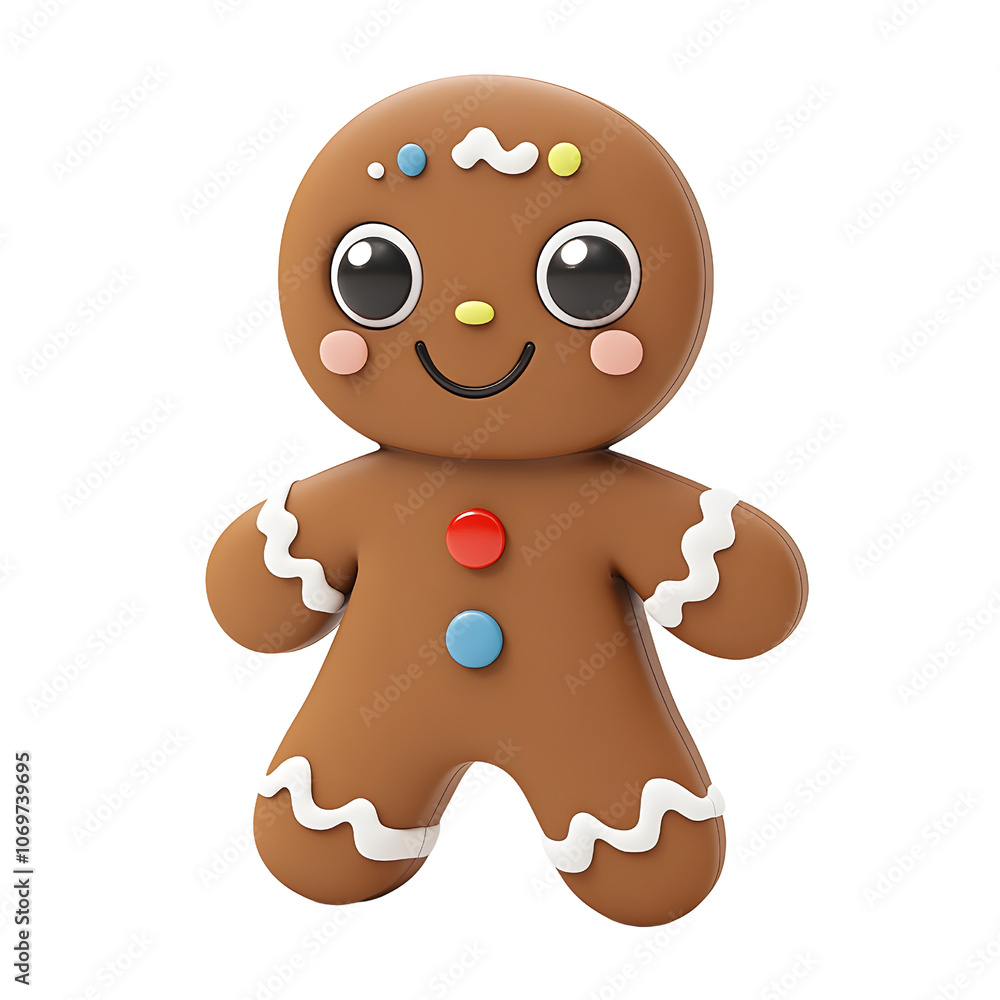 Fototapeta premium Delightful gingerbread man, cheerful grin, colorful buttons, festive treat! Perfect for holiday baking.