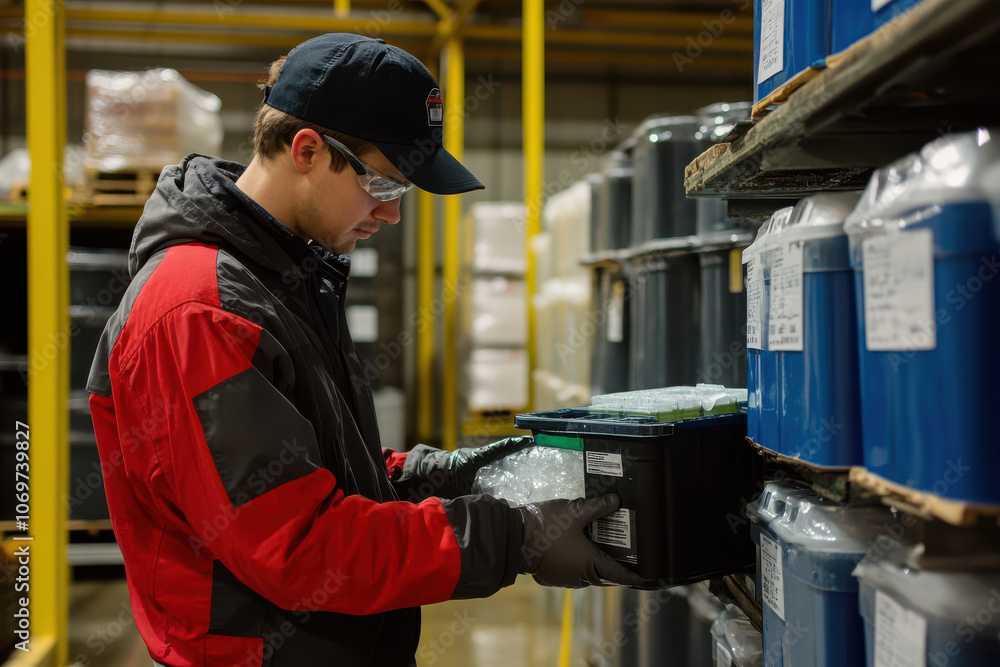 warehouse worker carefully inspects bin of inventory warehouse worker carefully inspects bin of inventory