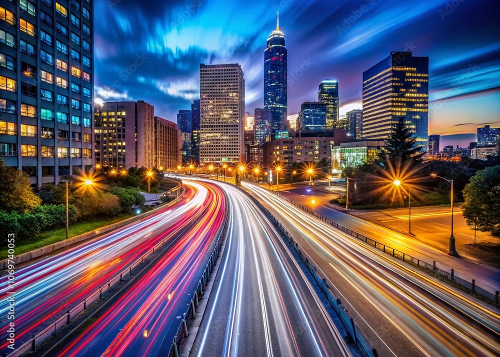 Dynamic Long Exposure Capture of Cars Exiting a Cityscape at Night with Light Trails and Urban Background, Showcasing the Motion and Energy of Evening Traffic Dynamic Long Exposure Capture of Cars Exiting a Cityscape at Night with Light Trails and Urban Background, Showcasing the Motion and Energy of Evening Traffic