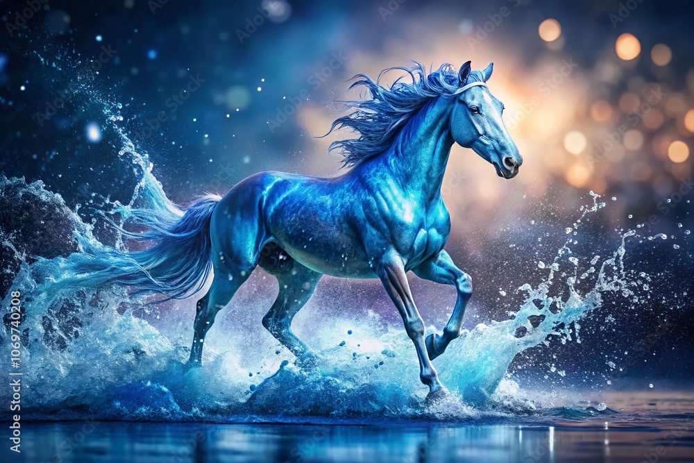Dynamic Water Monster Horse in Motion with Bokeh Effect Showcasing Intense Splashes and a Blue Transparent Body Capturing the Essence of Fluidity and Power Dynamic Water Monster Horse in Motion with Bokeh Effect Showcasing Intense Splashes and a Blue Transparent Body Capturing the Essence of Fluidity and Power