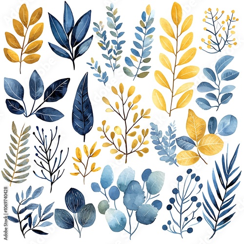 Watercolor Blue and Yellow Foliage Collection.