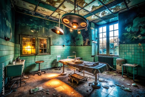Eerie Scene of a Creepy Surgery in an Old, Filthy Hospital Room with Vintage Surgical Instruments and Dim Lighting, Capturing the Atmosphere of Fear and Abandonment
