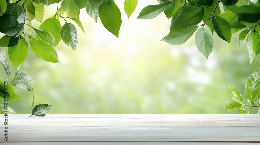 Rustic charm, green leaves adorn a wooden table in serene natural arrangement, embracing nature's beauty Rustic charm, green leaves adorn a wooden table in serene natural arrangement, embracing nature's beauty