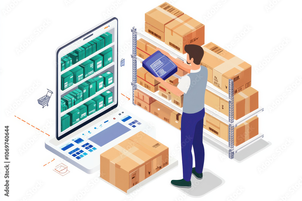 Man scans box in warehouse using tablet Man scans box in warehouse using tablet