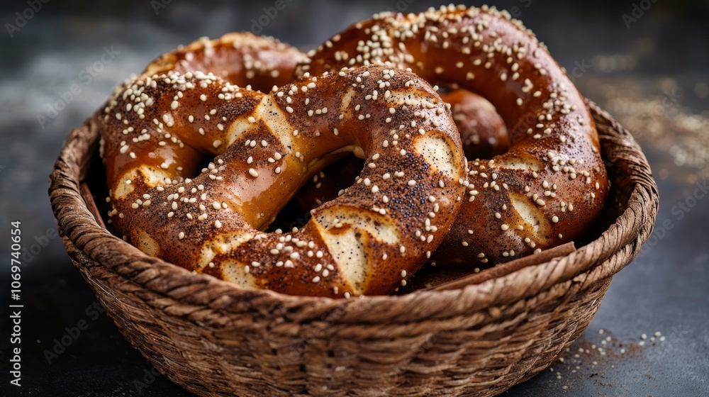 Pretzel with cinnamon sesame seeds and poppy seeds in a basket Pretzel with cinnamon sesame seeds and poppy seeds in a basket