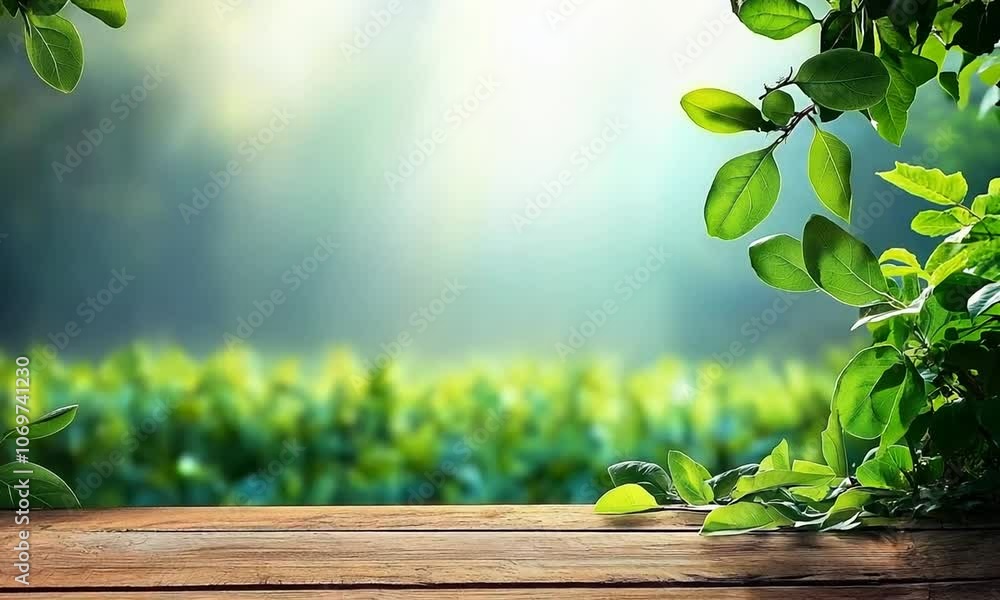Wooden table in middle of a farm, greenery background Wooden table in middle of a farm, greenery background