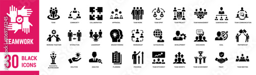 Teamwork solid icons set. Teamwork, employee, collaboration, business, success, agreements, brainstorm, achievement, development and human resources. Vector illustration