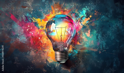  a lightbulb with colorful splashes of paint around it, symbolizing creativity, inspiration, and innovative ideas.