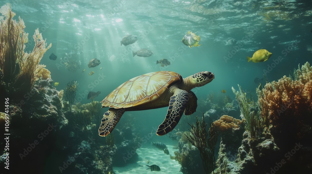 A coral reef teeming with fish and sea plants, where a sea turtle swims gracefully through the underwater flora A coral reef teeming with fish and sea plants, where a sea turtle swims gracefully through the underwater flora