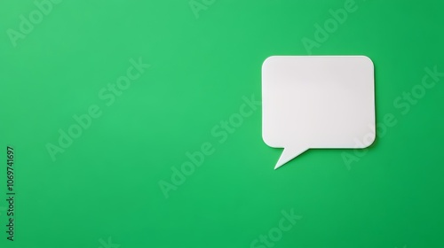 White speech bubble shaped post it note on green background with copy space