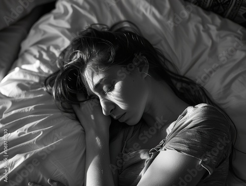 Black and White Portrait of a Woman Sleeping in Bed - Peaceful and Tranquil Moment