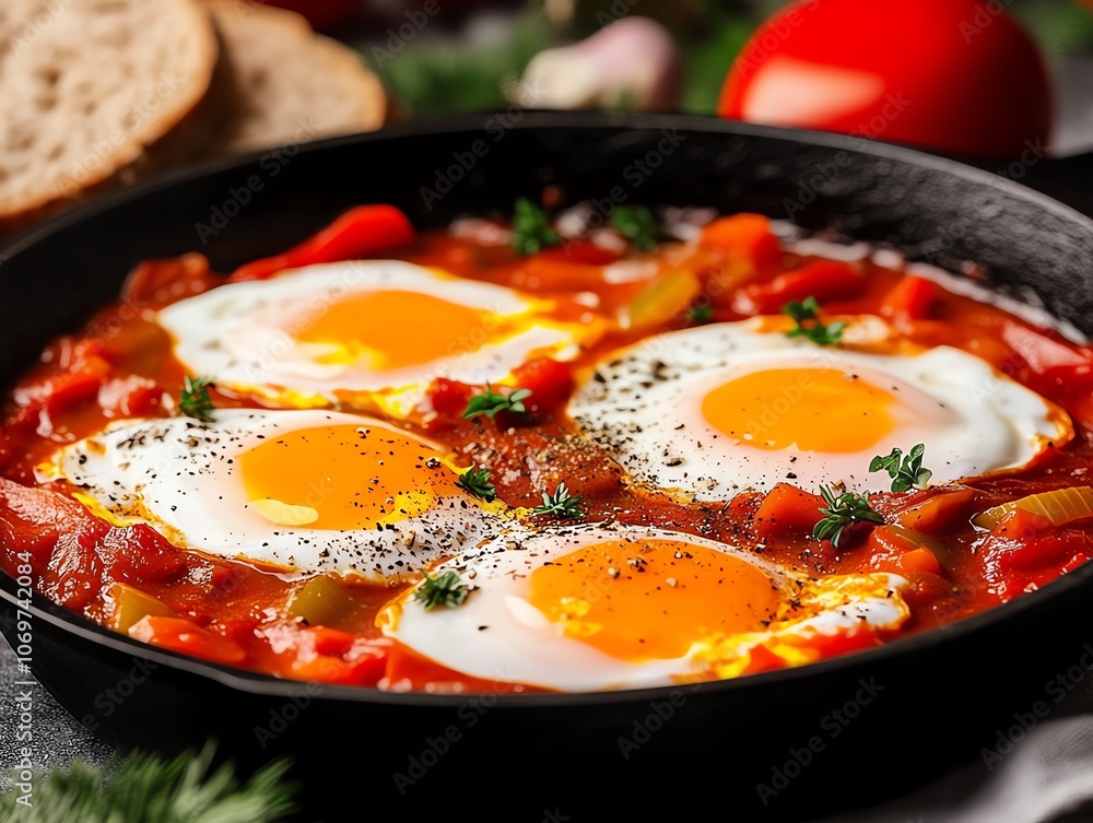 Ultra hyper realistic shakshuka skillet A rich tomato and bell pepper stew with eggs poached right in the sauce Ultra hyper realistic shakshuka skillet A rich tomato and bell pepper stew with eggs poached right in the sauce