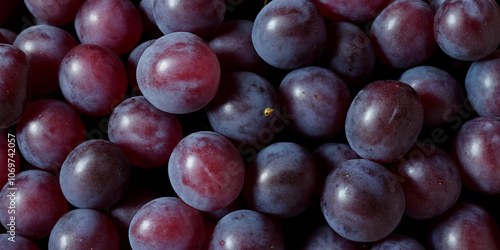 Makroaufnahme von frischen, tiefblauen und violetten Weintrauben in einem vollen Cluster, die natürliche Süße und Saftigkeit ideal für gesunde Snacks und Desserts bieten photo