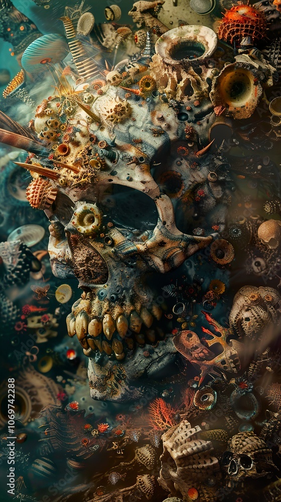 Obraz premium Surreal Skull: A Biomechanical Masterpiece of Life and Decay