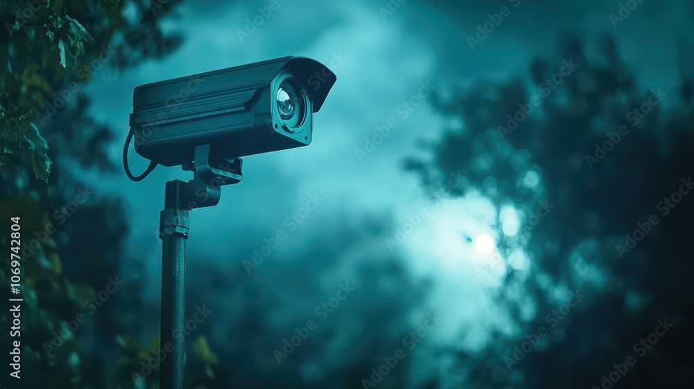 Night security, surveillance camera mounted on pole, enhancing safety and protection in the darkness