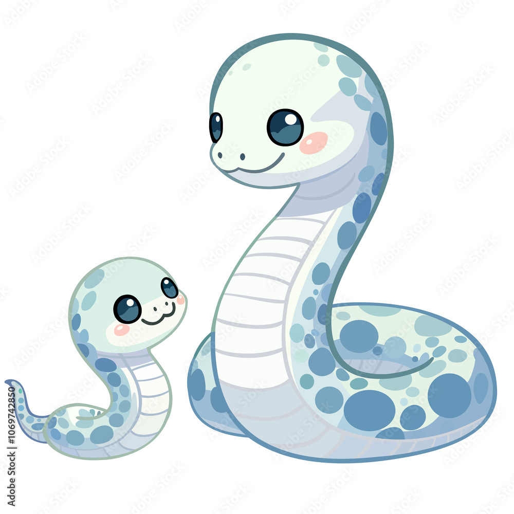 Fototapeta premium 蛇,蛇の親子,可愛い,笑顔,仲良し,キャラクター,シンプル,アニメ風,デザイン,アート,シンプルアート,家族,温かい雰囲気