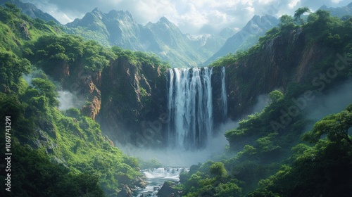 Majestic Waterfall in a Lush Mountain Valley