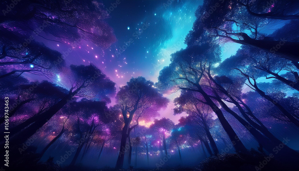 Fototapeta premium ファンタジー 森 神秘的 美しい 星空 木 TRPG背景素材