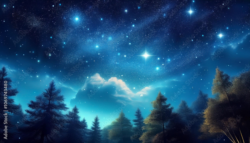 Fototapeta premium ファンタジー 森 神秘的 美しい 星空 木 TRPG背景素材