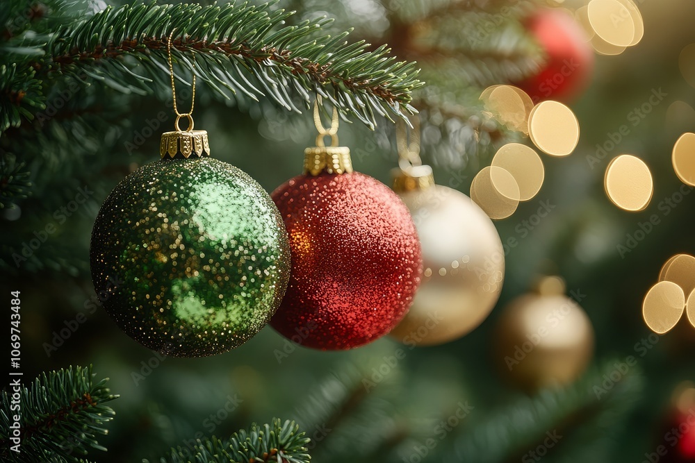 Fototapeta premium Christmas tree decorations with shiny red, green, and gold ornaments hanging on branches, bokeh background. High-resolution, New Year concept with soft shadows and sharp focus.