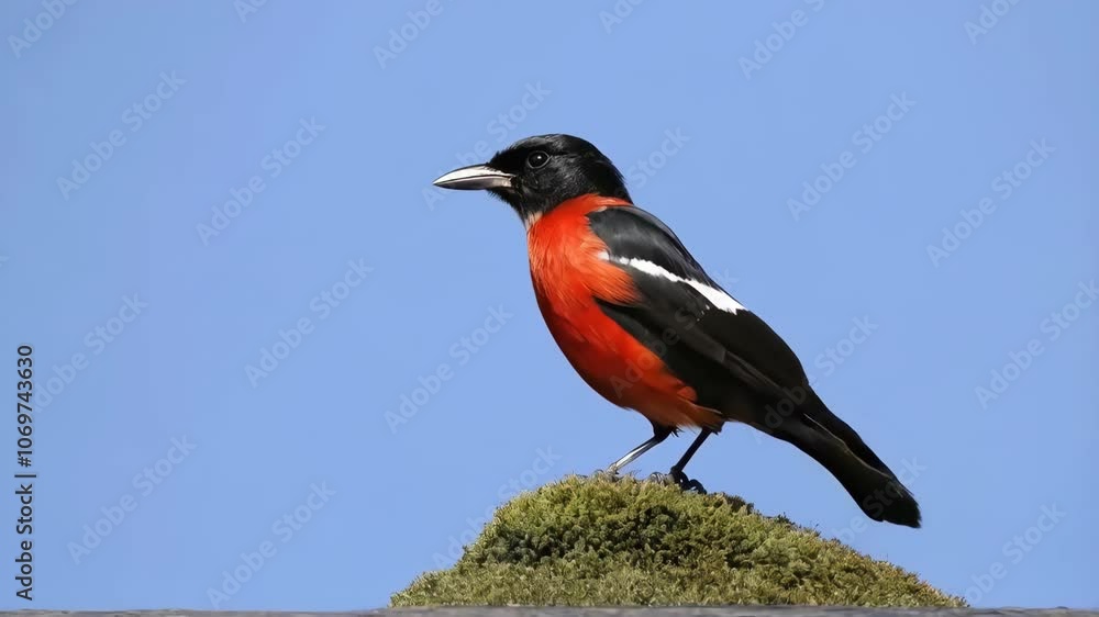 A bird sitting on top of a mossy rock A bird sitting on top of a mossy rock
