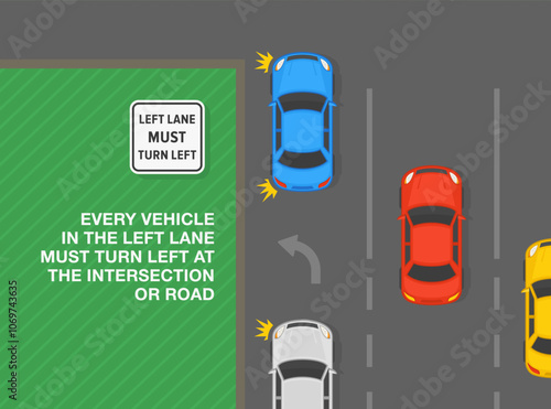 Safe driving tips and traffic regulation rules. United States "left lane must turn left" sign meaning. Top view of a traffic flow at intersection. Flat vector illustration template.