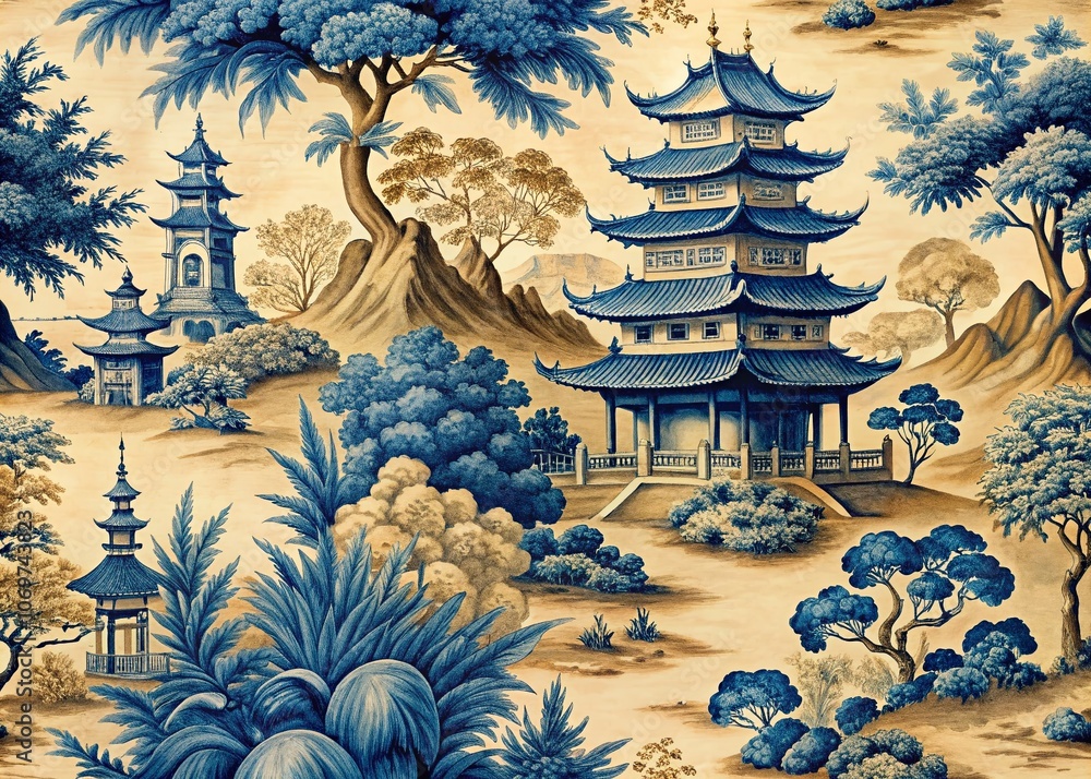 Obraz premium Elegant Portrait Photography Featuring Asian Art with Pagoda and Trees in a Blue on Beige Toile de Jouy Seamless Repeating Tile Pattern for Artistic Decor