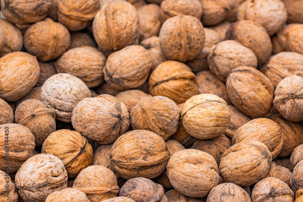pile of unpeeled walnuts, closeup macro background with selective focus pile of unpeeled walnuts, closeup macro background with selective focus