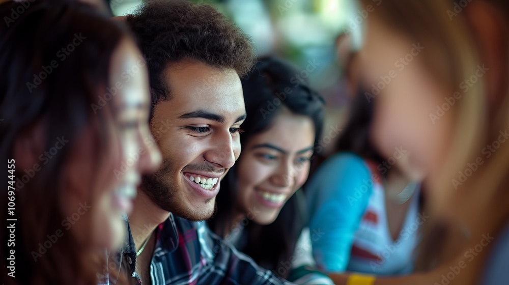 A young man with a beard laughs while looking to his right, with a young woman in the background. A young man with a beard laughs while looking to his right, with a young woman in the background.