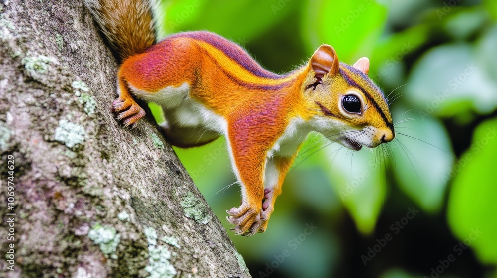 Fototapeta premium Burmese striped tree squirrel tiny tree squirrel Climbing trees with agility