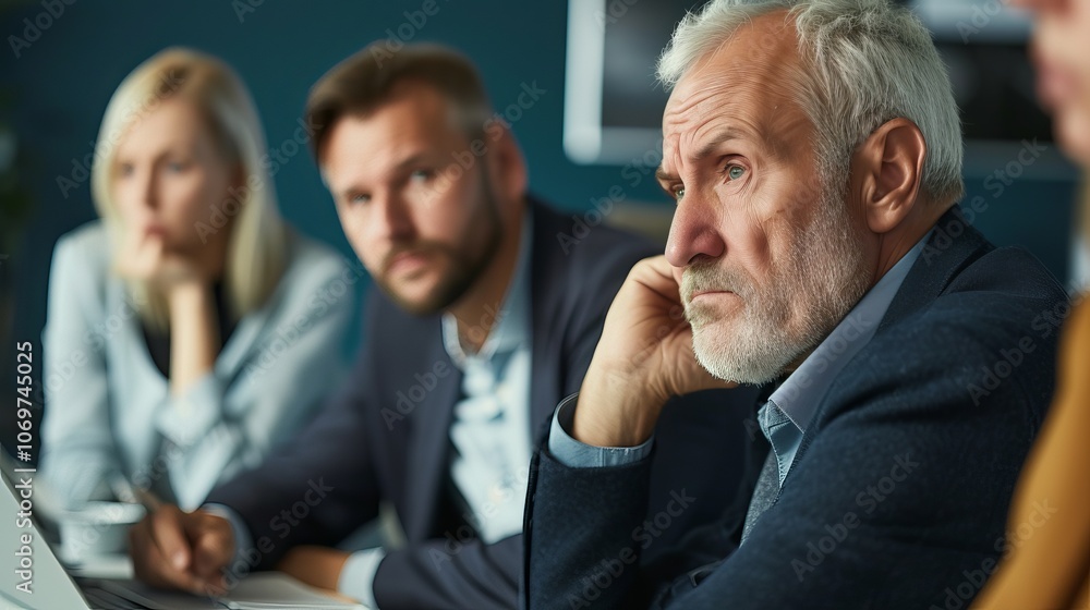 Obraz premium A pensive older man in a business meeting listens intently while two younger colleagues look on.