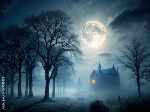 Enchanted Gothic Night: A Minimalist Exploration of Shadows, Moonlight, and Mystical Elements in a Dark, Dreamy Landscape with Ethereal Hues and Simplistic Forms