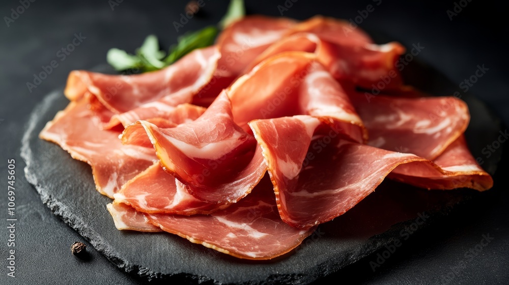 Closeup ham slices over dark background Closeup ham slices over dark background
